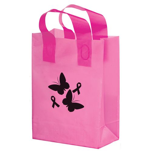 Custom Printed Breast Cancer Awareness Pink Frosted Soft Loop Plastic Shopper w/Insert (10"x5"x13") - Flexo Ink - 19FSL10513BCA-FI